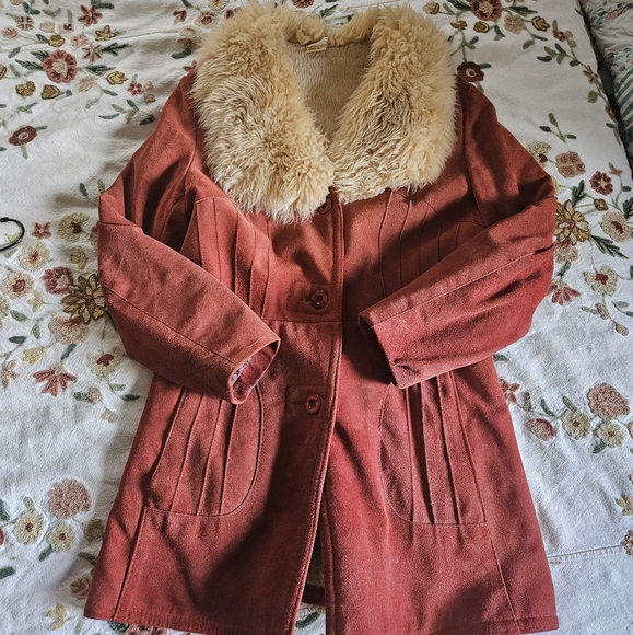 Vintage Jackets & Blazers - VTG Suede Leather Orange Fur Sherpa Belted Penny Lane jacket